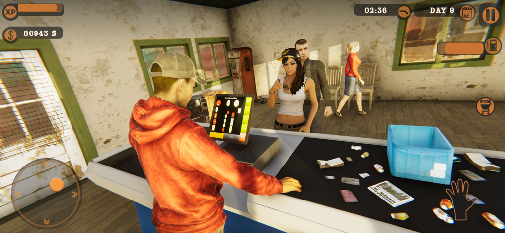 My Gas Station Market Sim - first-person view of a cashier managing the checkout counter and customers in a gas station market simulation game