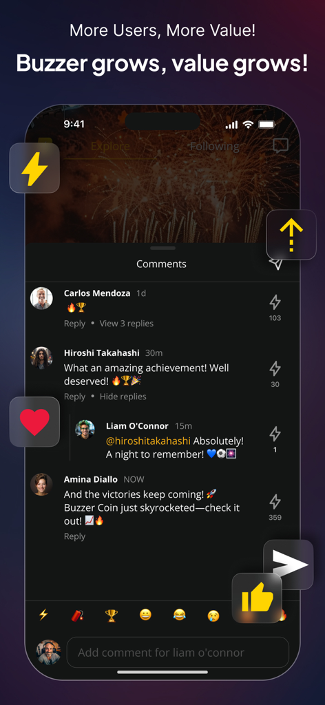 Buzzer: Sports Community - Une interface d'application mobile montrant la section des commentaires d'une plateforme de médias sociaux sportifs avec des avatars d'utilisateurs et des réactions