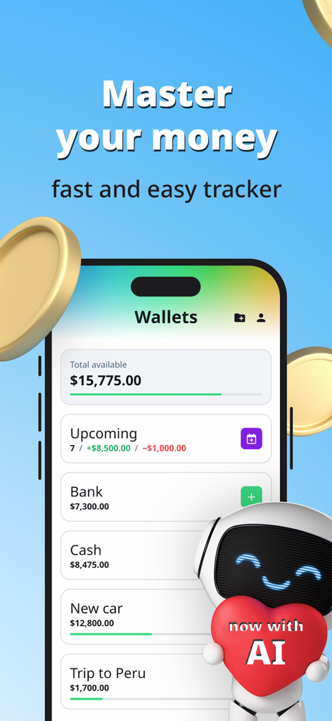 Expense Tracker. Money Manager - Dashboard der Ausgaben-Tracker-App mit mehreren Wallets und KI-Integration