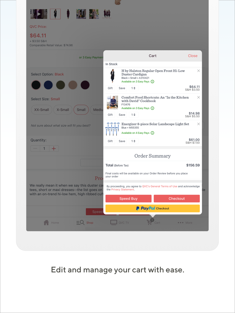 QVC for Tablet (US) - QVC for Tablet App zeigt den Warenkorb und die Checkout-Optionen auf einem iPad an