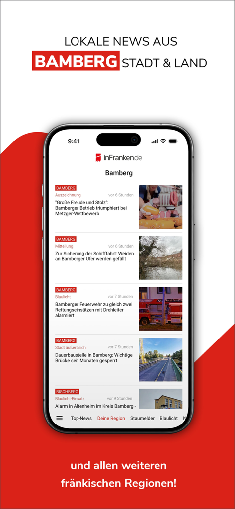 Smartphone mostrando noticias locales de Bamberg en la aplicación de noticias inFranken