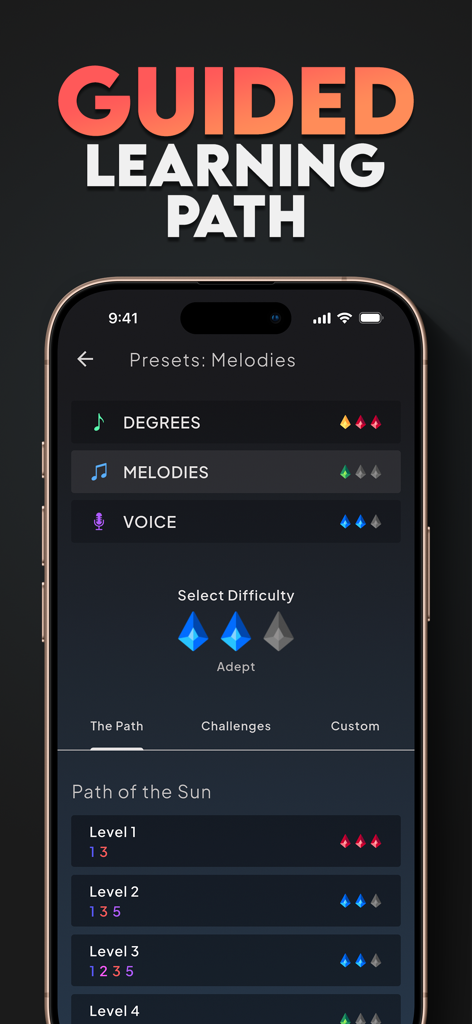 Sonofield Ear Trainer - Interface of the Sonofield Ear Trainer app displaying the guided learning path with various levels and music training modes.