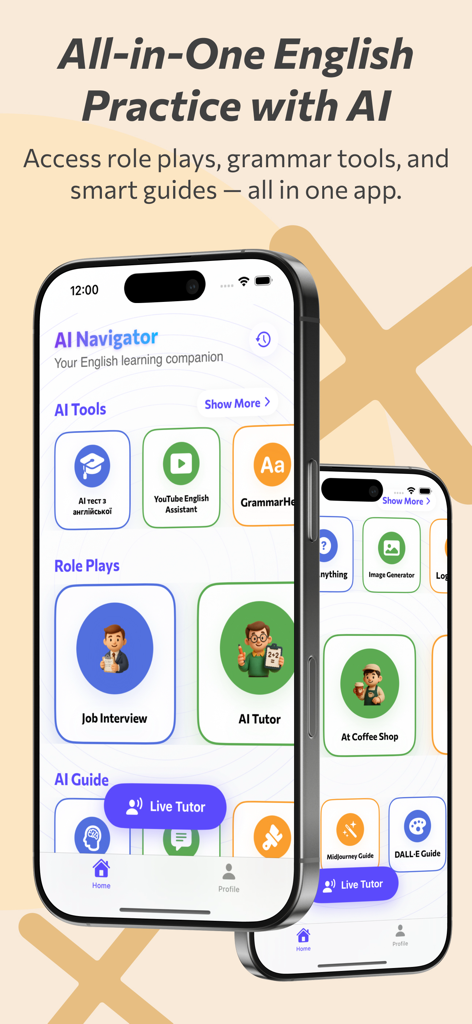 Interfaz de la aplicación AI Navigator que muestra herramientas de práctica de inglés y escenarios de juego de rol de IA para el desarrollo profesional