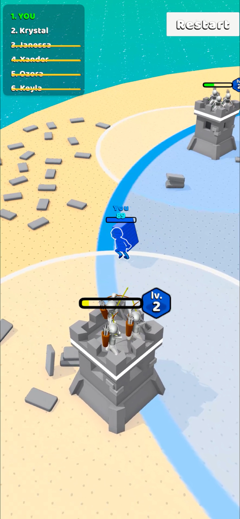 Outdo.io - Outdo.io gameplay showing a blue character collecting bricks to build and upgrade a stone castle with archers on top