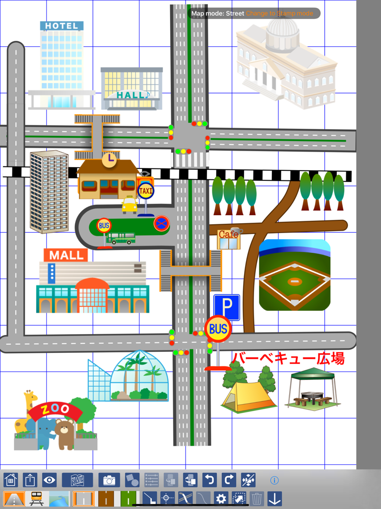 An iPad app interface for creating custom maps with streets, icons, and illustrated landmarks.