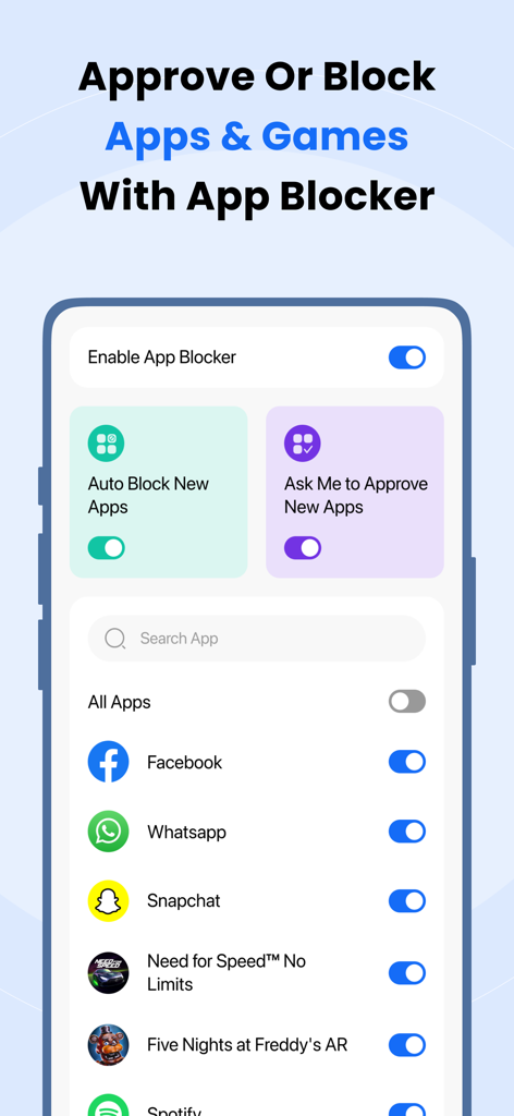 FamilyTime app interface showing options to approve or block apps like Facebook and WhatsApp