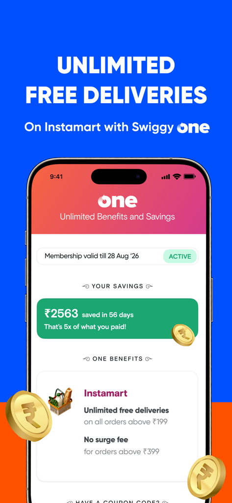 Instamart: Groceries & more - Tela de assinatura Swiggy One no aplicativo Instamart com entregas gratuitas ilimitadas e detalhes de economia