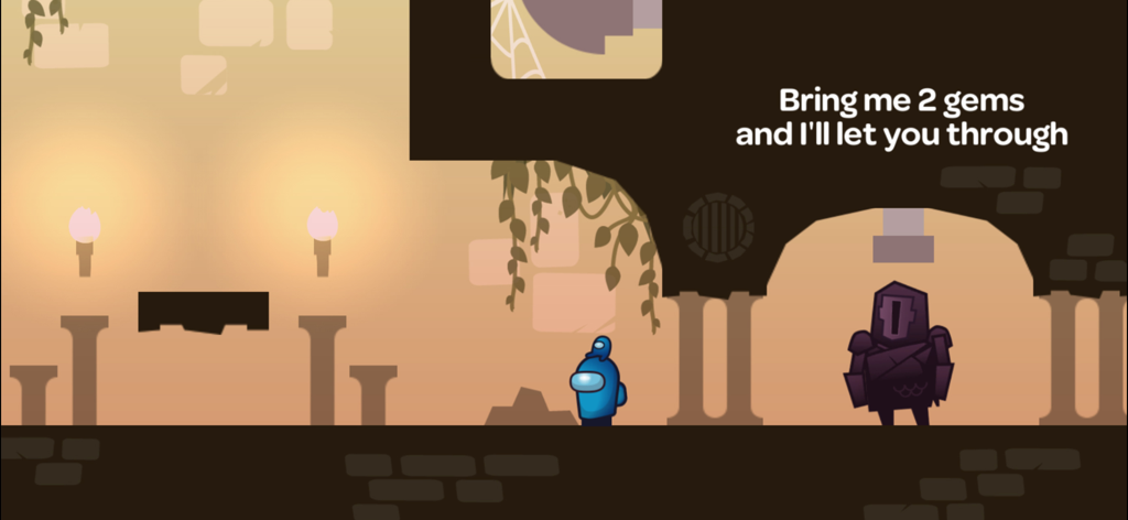 성을 통과하기 위해 두 개의 보석을 달라고 하는 기사 NPC 앞에 서 있는 파란색 캐릭터