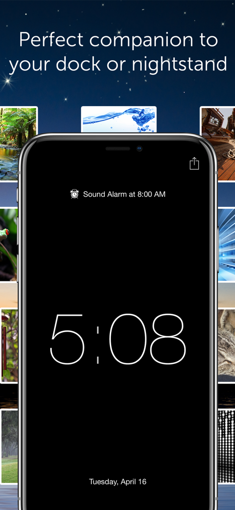 White Noise - White Noise app interface displaying a digital clock and alarm for nightstand use