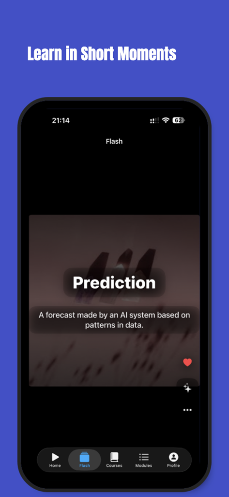Interfaccia mobile dell'app Studiare con una flashcard in stile reel per la predizione di parole