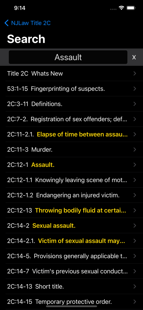 State Statute & Federal Law - 앱의 뉴저지 법률 섹션에서 폭행에 대한 검색 결과 (다크 모드)