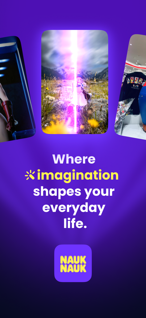 NaukNauk - NaukNauk app splash screen with slogan Where imagination shapes your everyday life and anime figure displays