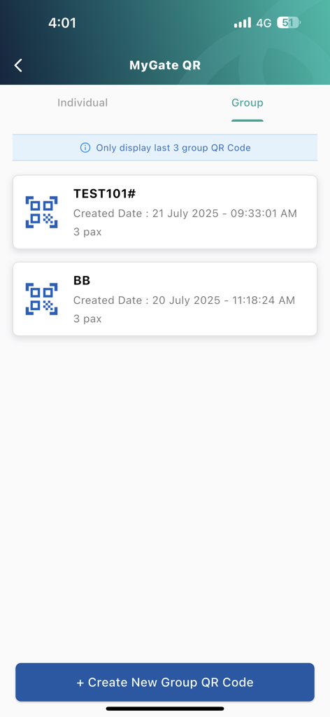 MyNIISe - Screen showing group QR codes for digital immigration entry in the MyNIISe app
