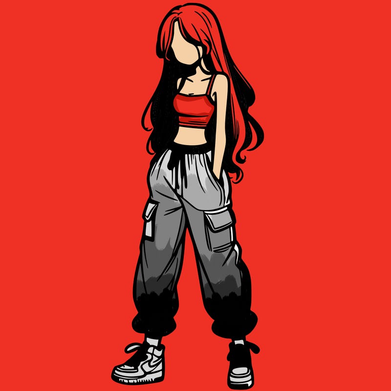 girl in baggy pants crop top and long hair