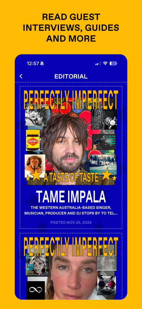 Editorial section of the FYI app featuring a guest interview with Tame Impala