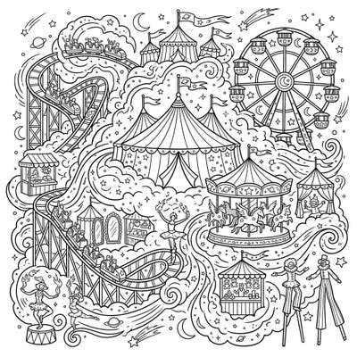 Dive into an extraordinary coloring adventure where the wonders of the Orion Nebula meet the thrill of a vibrant carnival. This intricate design features classic fairground attractions, whimsical performers, and celestial details waiting for your creative touch.
