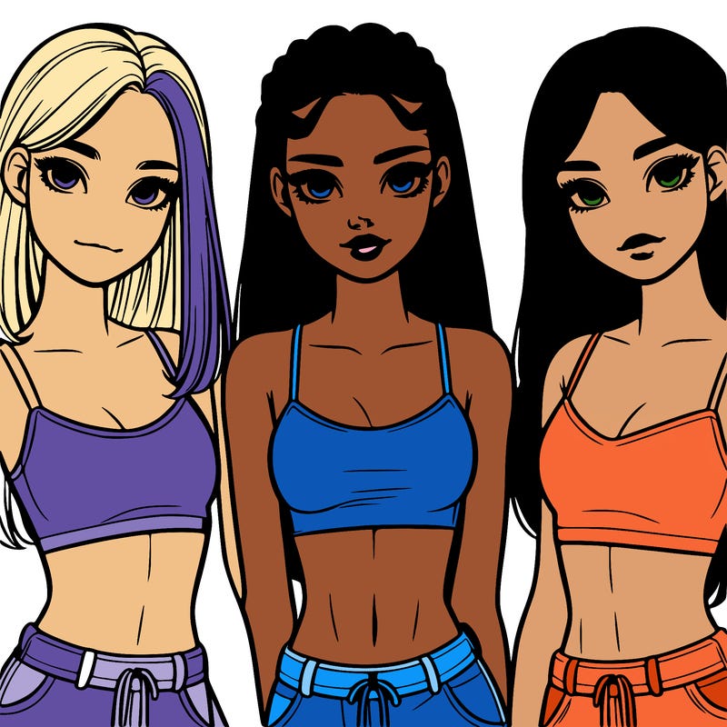 three teenage (two black one white) girls with crop tops realistic and pretty