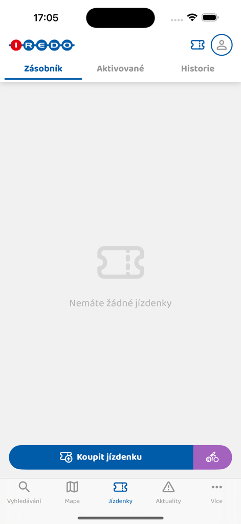 IREDO - The ticket wallet screen of the IREDO transit app for the Czech Republic