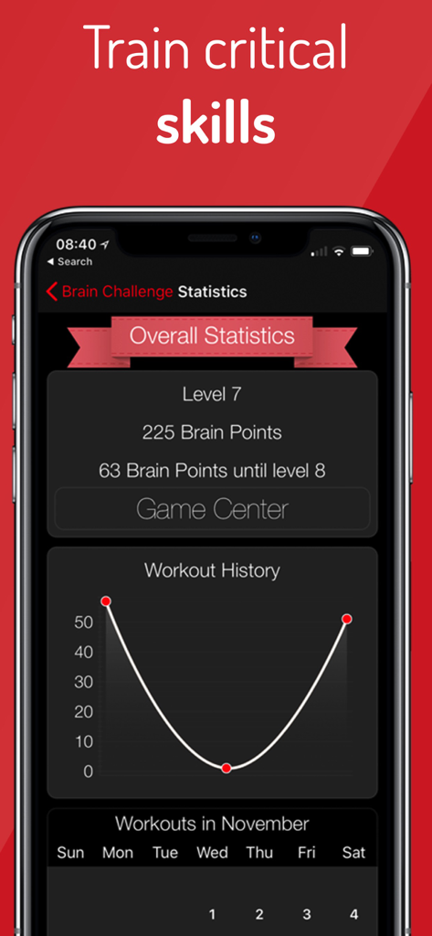 The IQ Brain Training app showing user statistics and workout history on a dark interface