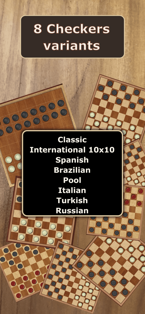 Checkers game - 클래식 국제 스페인 및 브라질 모드를 포함한 8가지 체커 변형을 보여주는 화면