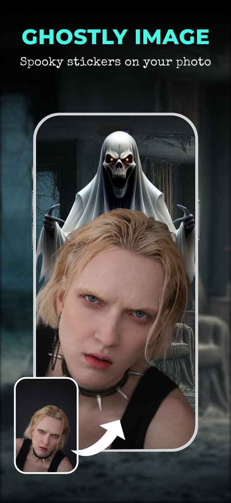 Ghost Detector - Spirit Talker - Smartphone screen showing a person with a scary ghost sticker added to their photo
