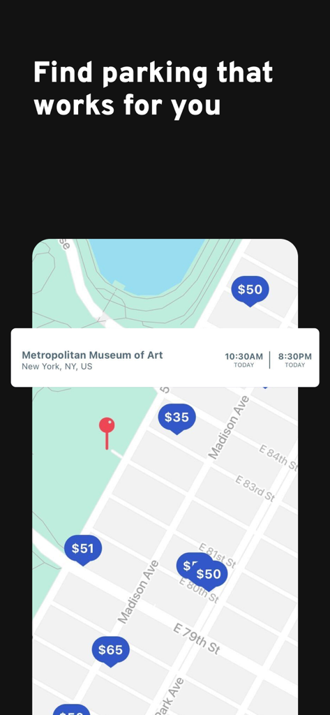 L'application BestParking affiche une carte de New York avec les tarifs de différents parkings à proximité du Metropolitan Museum of Art.