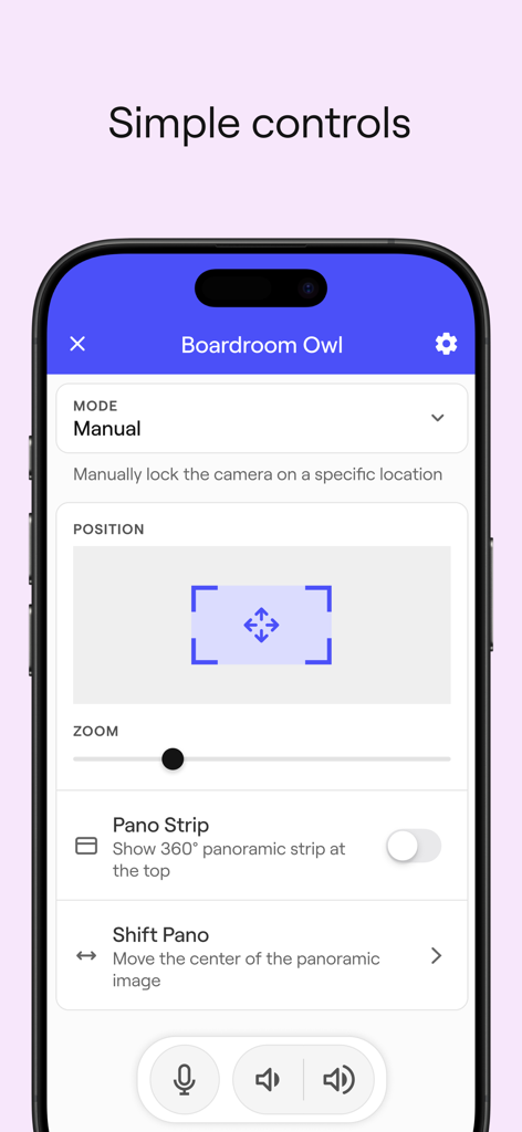 Meeting Owl app interface showing manual camera position and zoom controls for the Boardroom Owl device