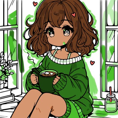 cute anime girl reading book and drinking hot chocolate from mug with loose wavy hair wearing a baggy sweatshirt and shorts sitting by windowsill looking out