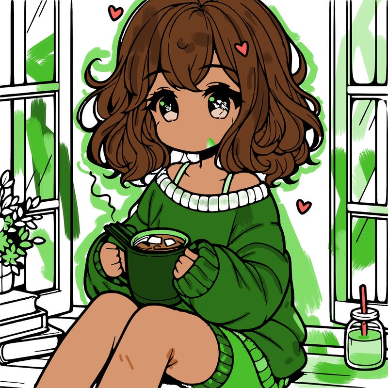 cute anime girl reading book and drinking hot chocolate from mug with loose wavy hair wearing a baggy sweatshirt and shorts sitting by windowsill looking out