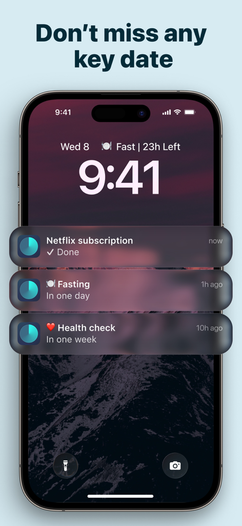 Countdown - Pretty Progress - iPhone lock screen showing countdown notifications for Netflix fasting and health checks