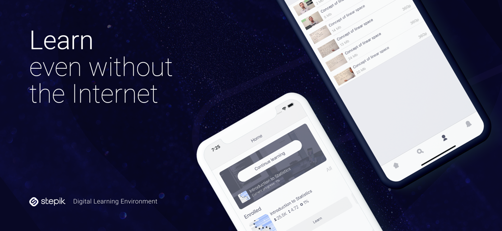 Interface de l'application Stepik montrant l'apprentissage hors ligne et des modules de cours STEM sur deux téléphones mobiles