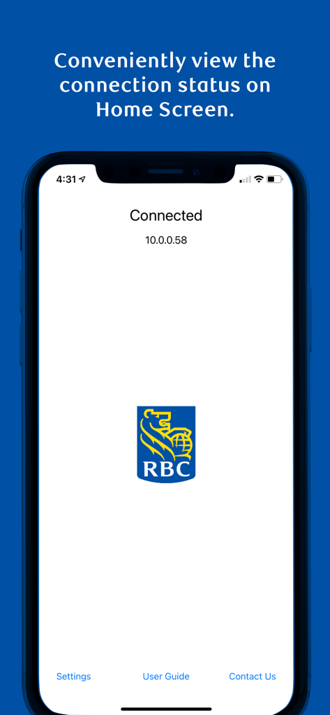 RBC EZPay 2.0 app home screen displaying a connected status message and the RBC logo