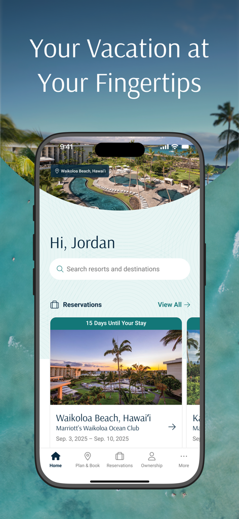 Marriott Vacation Club - ハワイのリゾートの今後の予約を示すMarriott Vacation Clubアプリのホーム画面。