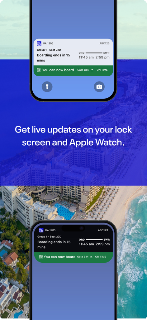 ユナイテッド航空アプリのライブアクティビティが、iPhoneのロック画面にフライト搭乗情報を表示しています。