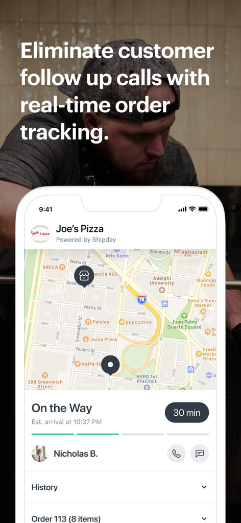 Mobile app screen showing real-time delivery tracking map and estimated arrival time for a local business order.