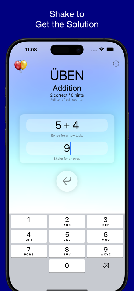 Üben - Addition - Educational app interface for practicing simple addition sums with a numeric keypad.