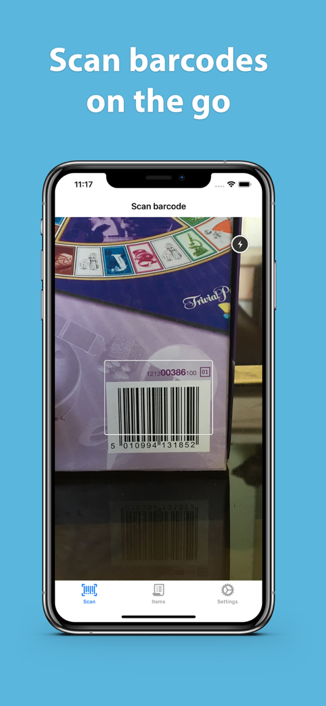 Barcode Scanner for Amazon - iPhone screen displaying the Barcode Scanner for Amazon app scanning a product barcode in a store.