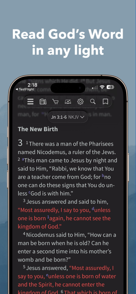 iPhone screen displaying the NKJV Bible in dark mode with the text Read Gods Word in any light