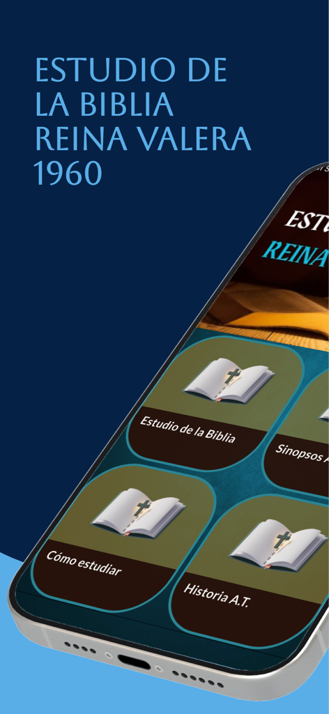 Home screen of the Estudio Biblia Reina Valera 1960 app on an iPhone featuring various Bible study modules.