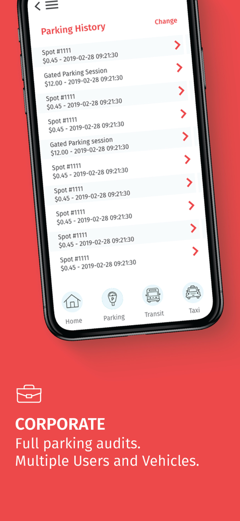 HotSpot Parking Transit Taxis - Tela móvel mostrando o log de histórico de estacionamento do HotSpot e recursos de gerenciamento de frota corporativa