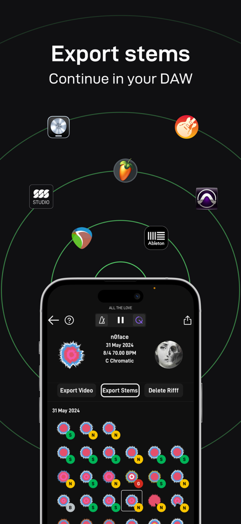 Endlesss - Multiplayer Music - Endlesss app screen showing the export stems button surrounded by professional DAW icons for music production