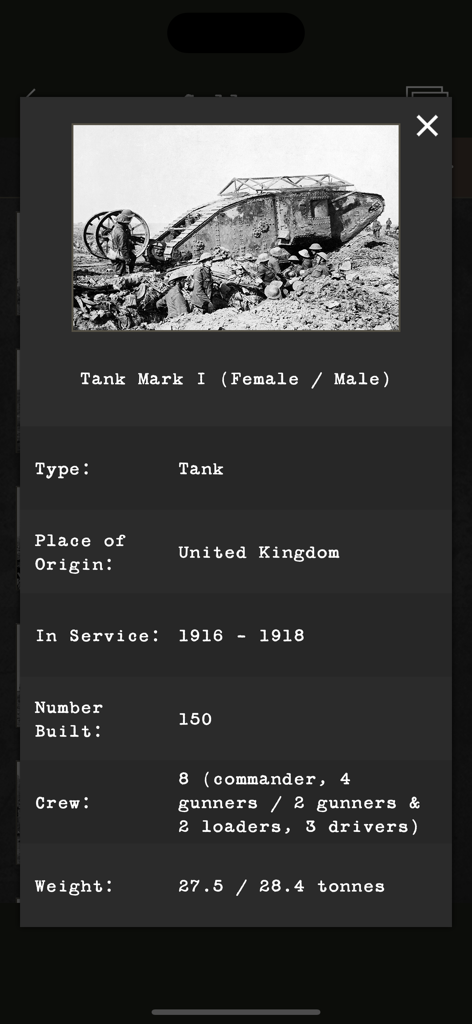 Technical specifications for the Tank Mark 1 in the Tank Lineup app