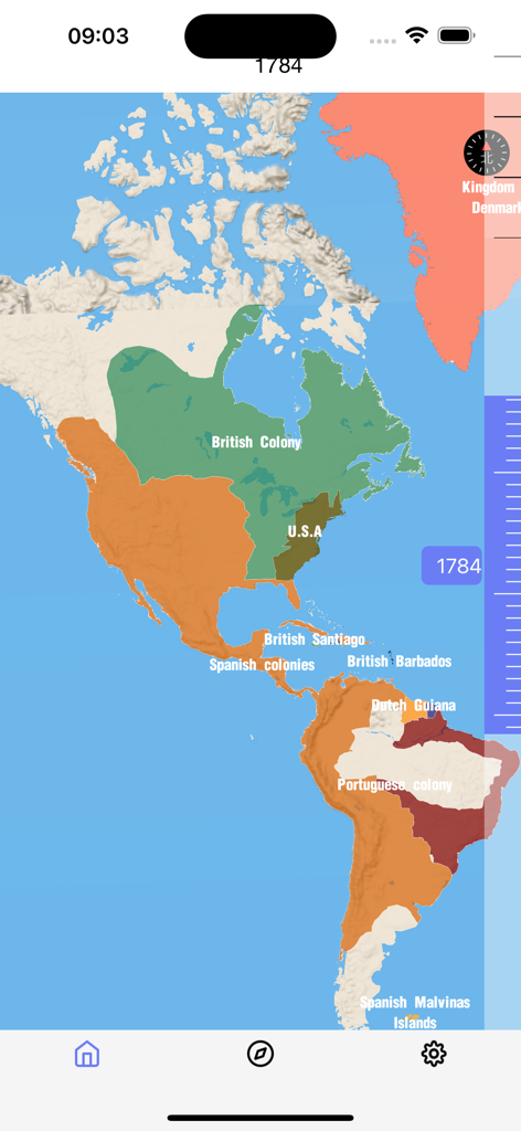 Historical map of North and South America in 1784 showing colonial territories and the United States
