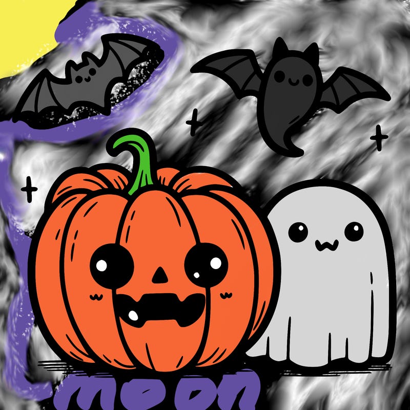 cute pumpkin with a cute ghost and a cute bat