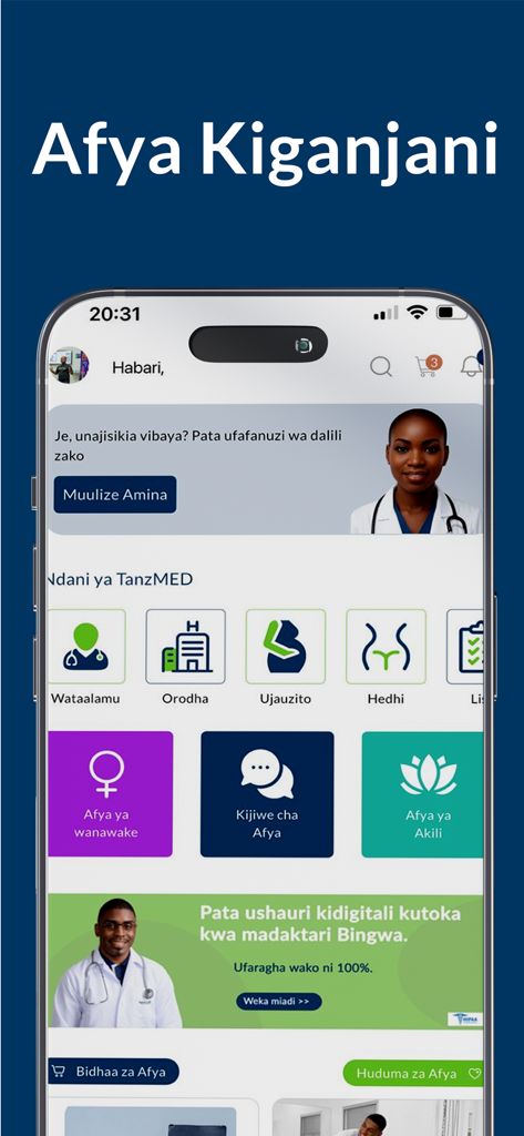 Smartphone screen displaying the TanzMED app home page with various healthcare categories and an AI assistant in Swahili.