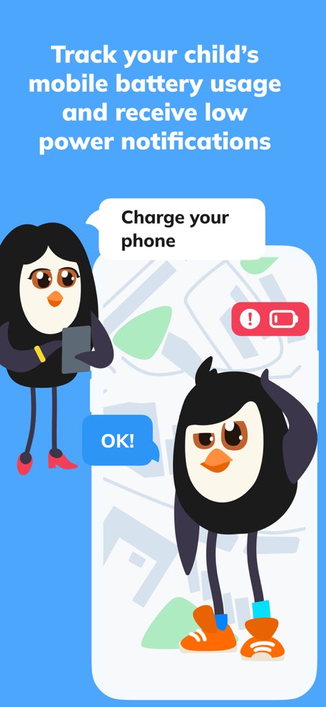 Cartoon parent penguin sending a charge your phone notification to a child penguin