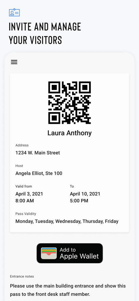Resident Experience - Un écran de laissez-passer visiteur numérique avec un code QR et une option pour l'ajouter à Apple Wallet dans l'application Expérience Résidentielle.