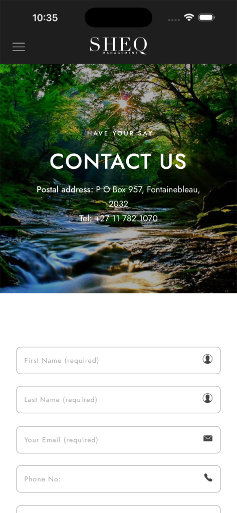 Tela Contate-nos do aplicativo móvel Sheq Mag apresentando um formulário e uma imagem de fundo de natureza