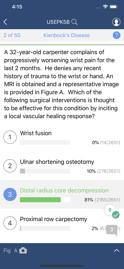 Bullets* - Bullets app interface showing a medical multiple choice question and clinical case study for Kienbock's Disease.