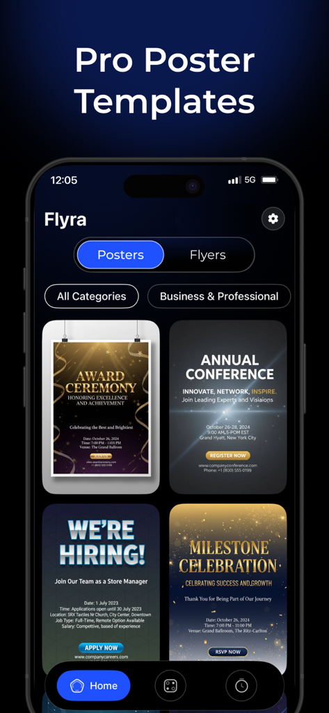 Interface do aplicativo Flyra mostrando modelos profissionais de pôsteres e folhetos para uso comercial.